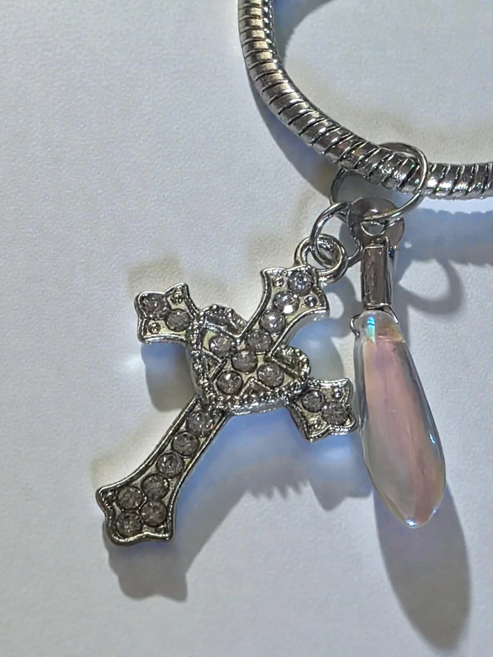 Silver Rhinestone Cross & Opaline Teardrop Snake Chain Bracelet